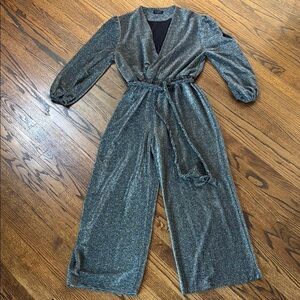 Storia Women’s Large Metallic Gray Silver Jumpsuit w Waist Tie